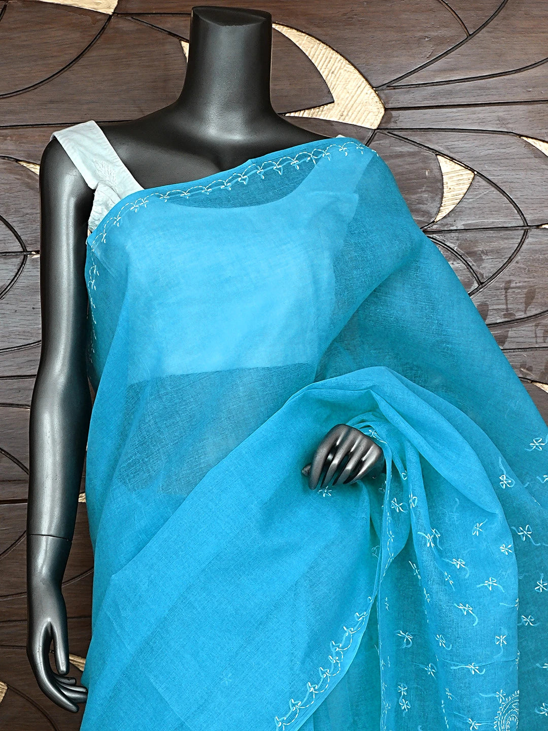 Ada Hand Embroidered Blue Cotton Lucknowi Chikankari Saree and Blouse 01A854451