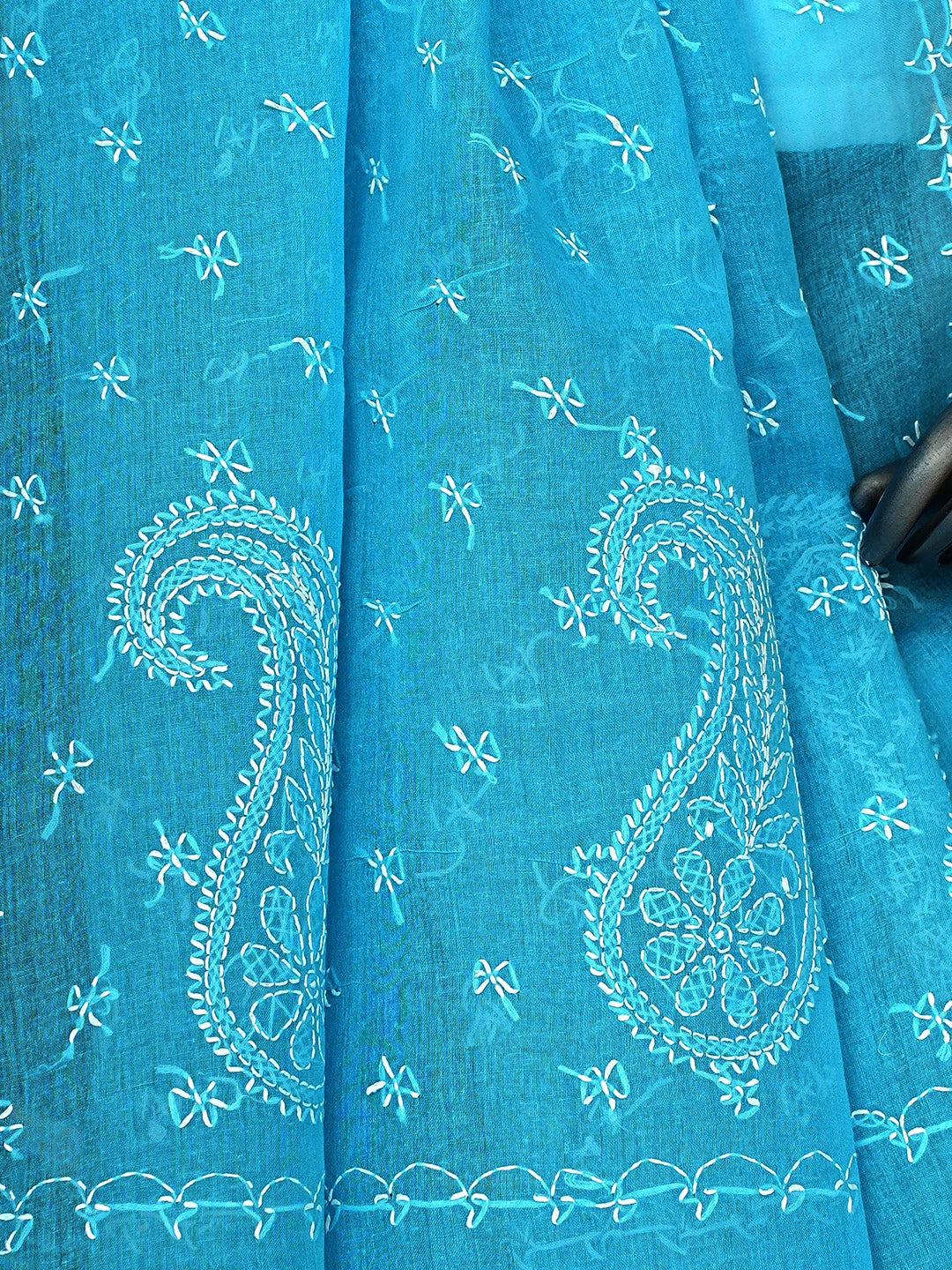 Ada Hand Embroidered Blue Cotton Lucknowi Chikankari Saree and Blouse 01A854451