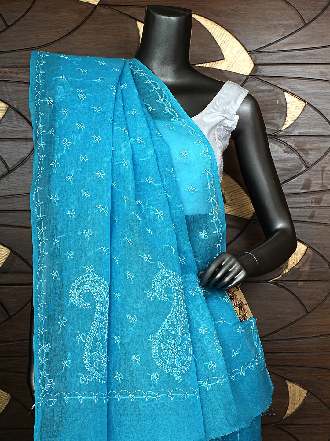 Ada Hand Embroidered Blue Cotton Lucknowi Chikankari Saree and Blouse 01A854451