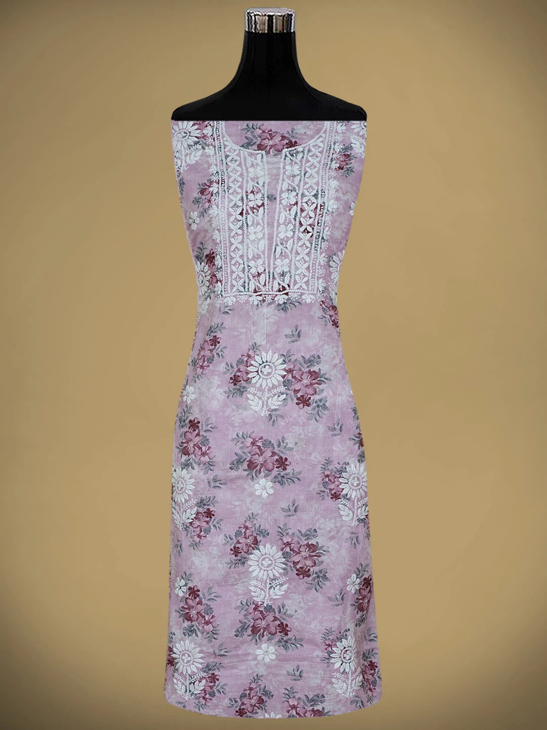 Ada Hand Embroidered Floral Printed Mauve Cotton Lucknowi Unstitched Chikankari Kurta Dupatta Set 01A898137