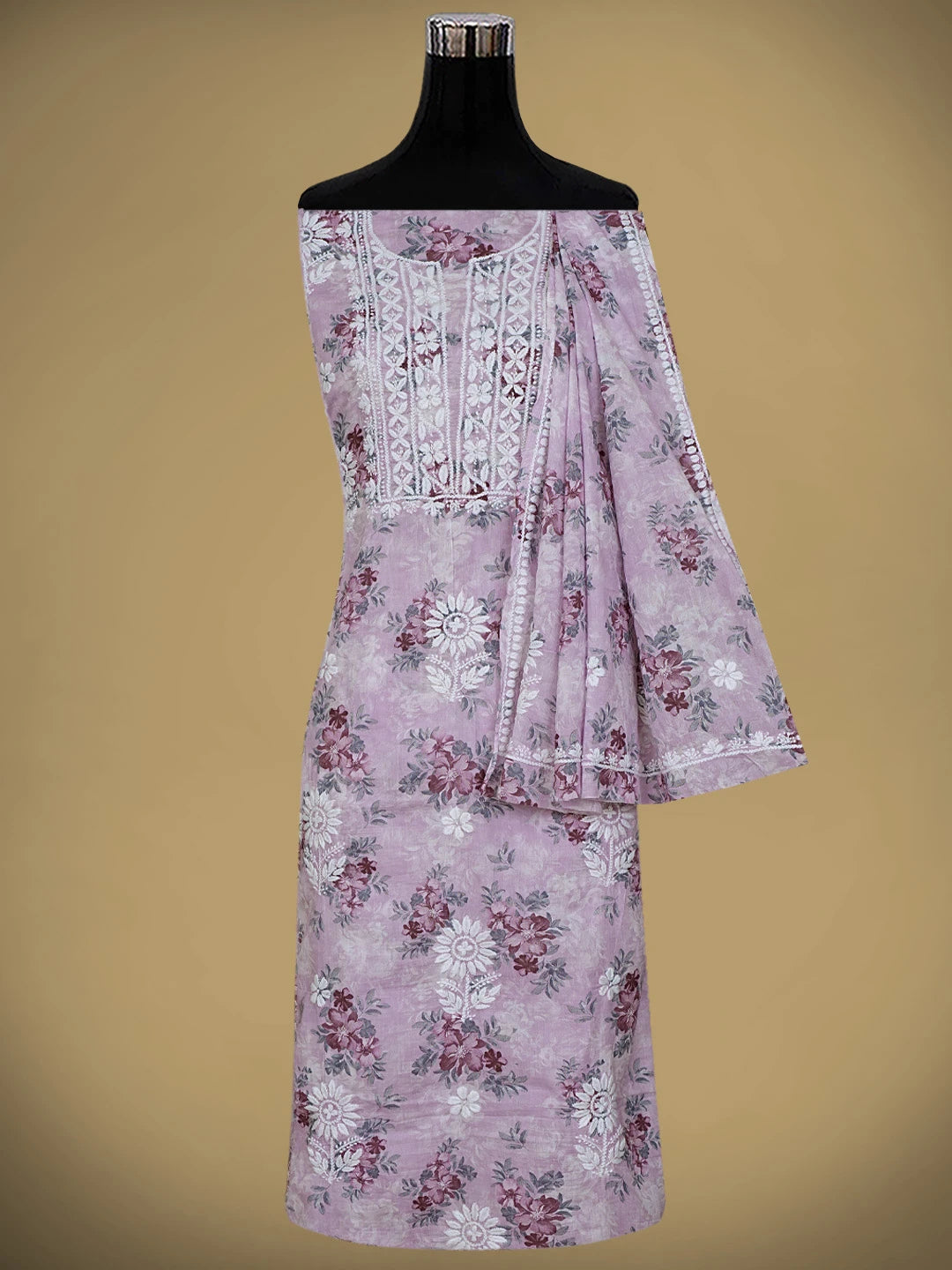 Ada Hand Embroidered Floral Printed Mauve Cotton Lucknowi Unstitched Chikankari Kurta Dupatta Set 01A898137
