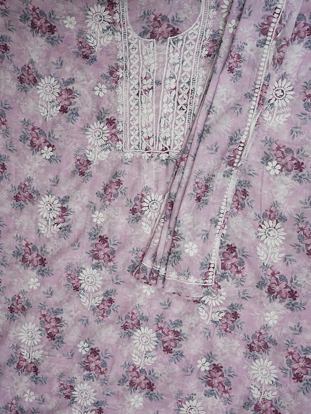 Ada Hand Embroidered Floral Printed Mauve Cotton Lucknowi Unstitched Chikankari Kurta Dupatta Set 01A898137