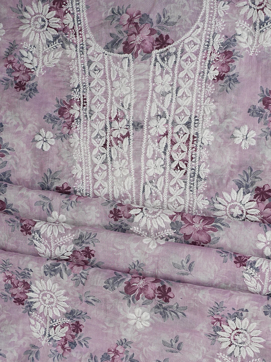Ada Hand Embroidered Floral Printed Mauve Cotton Lucknowi Unstitched Chikankari Kurta Dupatta Set 01A898137