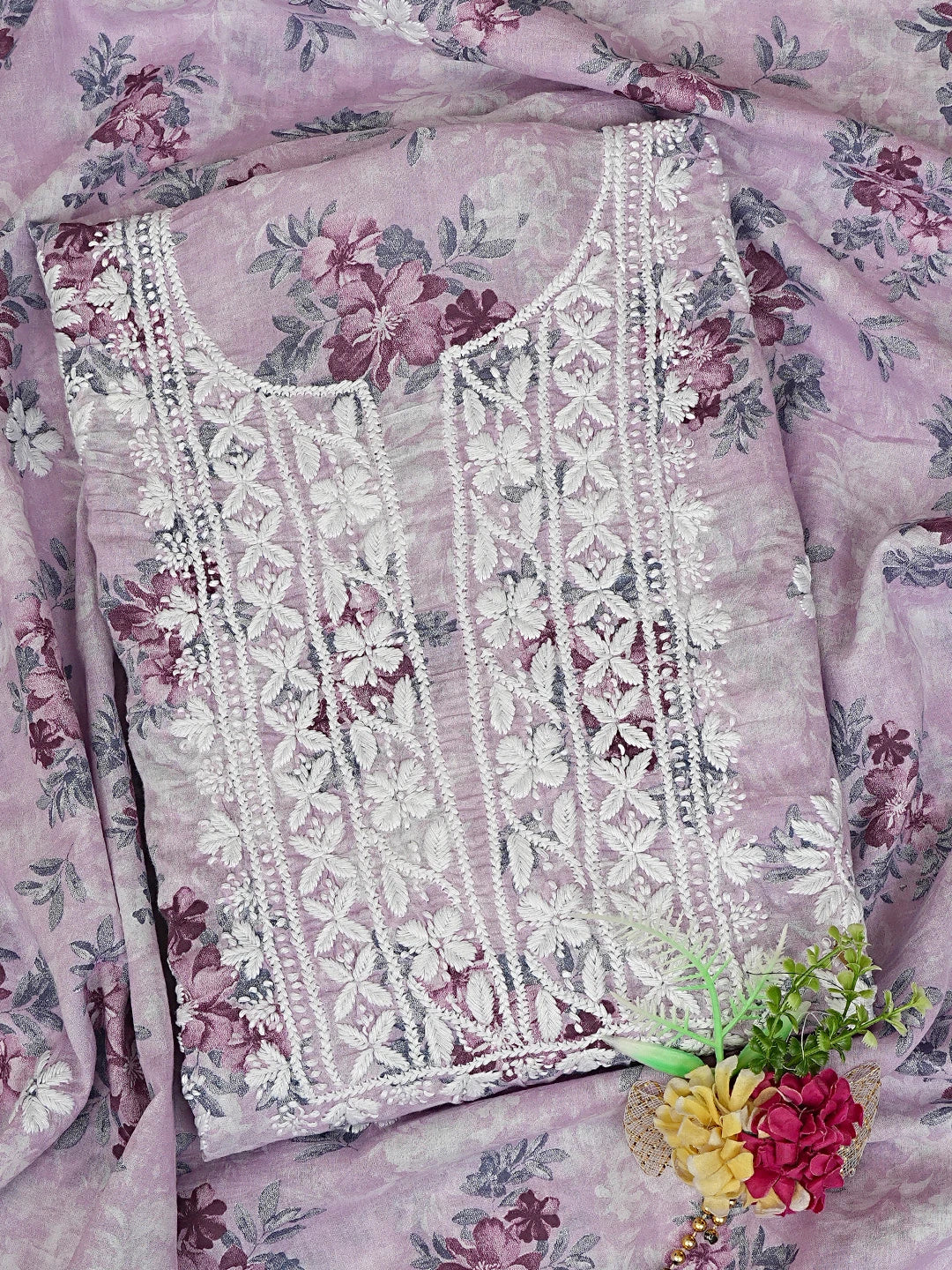 Ada Hand Embroidered Floral Printed Mauve Cotton Lucknowi Unstitched Chikankari Kurta Dupatta Set 01A898137