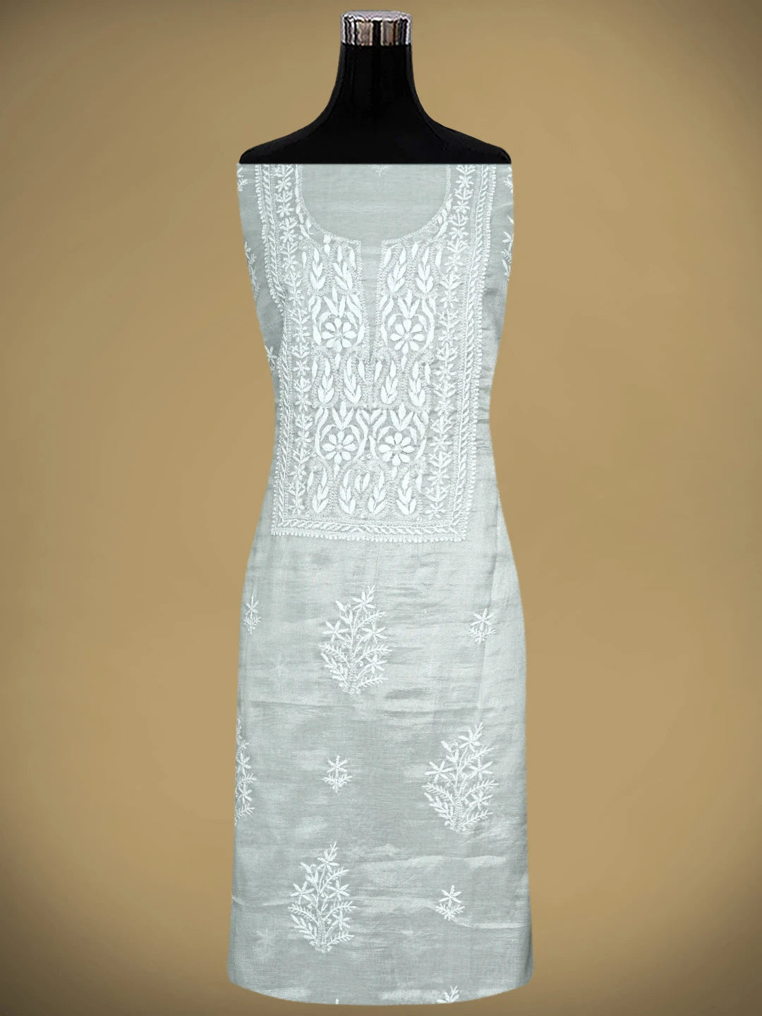 Ada Hand Embroidered Grey Tissue Lucknowi Chikankari Unstitched Kurta Dupatta Set 01A901640