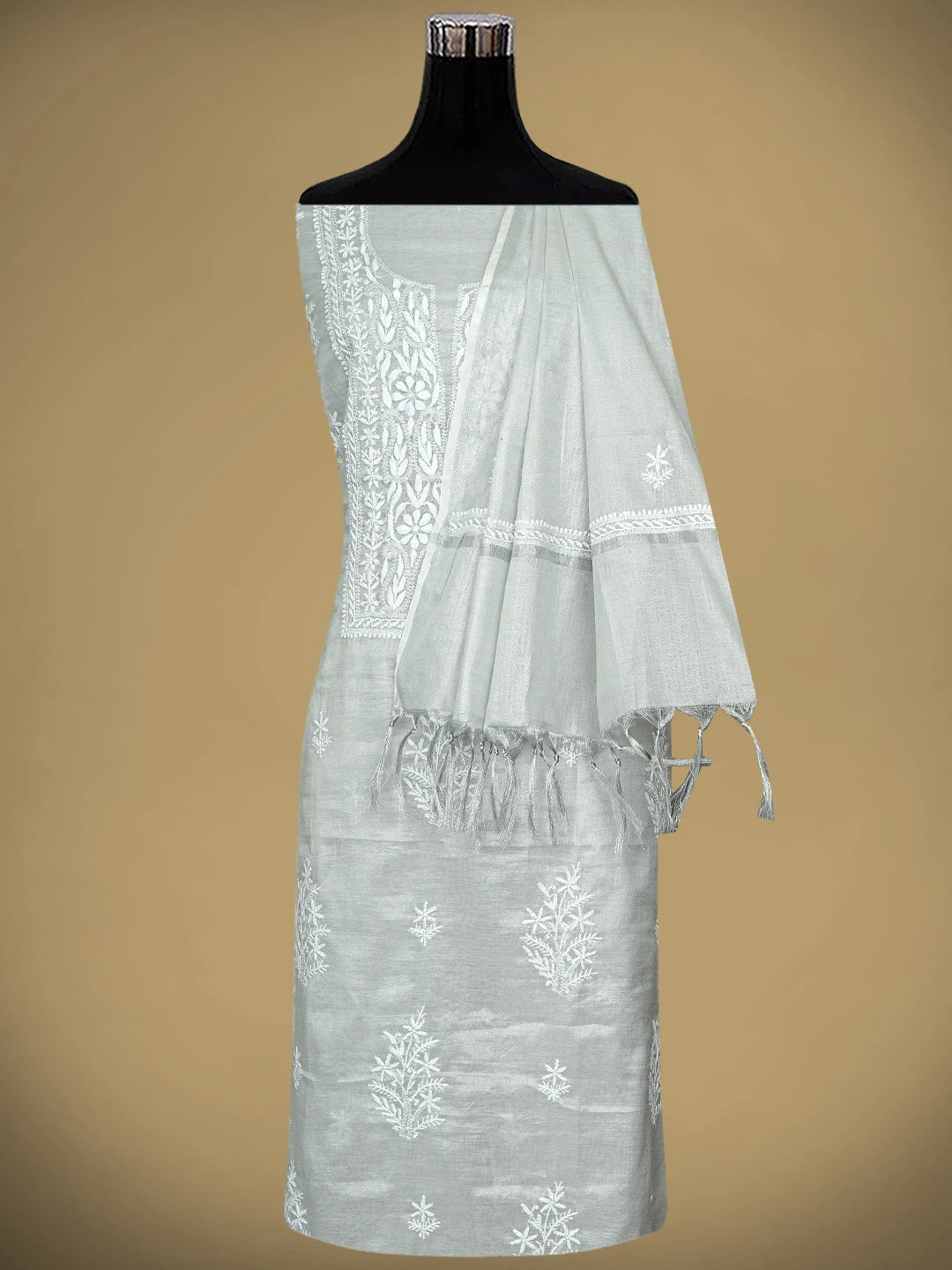 Ada Hand Embroidered Grey Tissue Lucknowi Chikankari Unstitched Kurta Dupatta Set 01A901640
