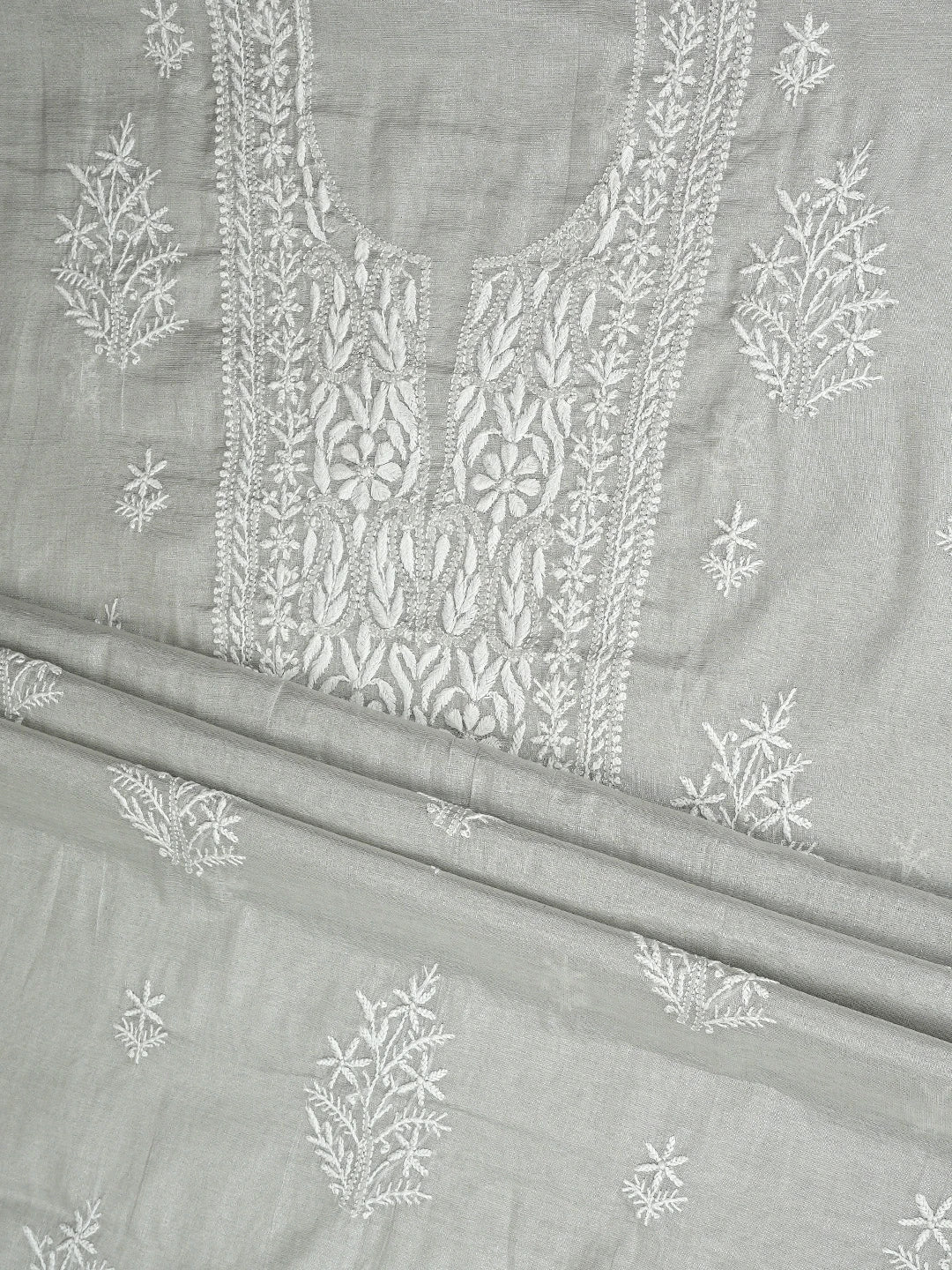 Ada Hand Embroidered Grey Tissue Lucknowi Chikankari Unstitched Kurta Dupatta Set 01A901640