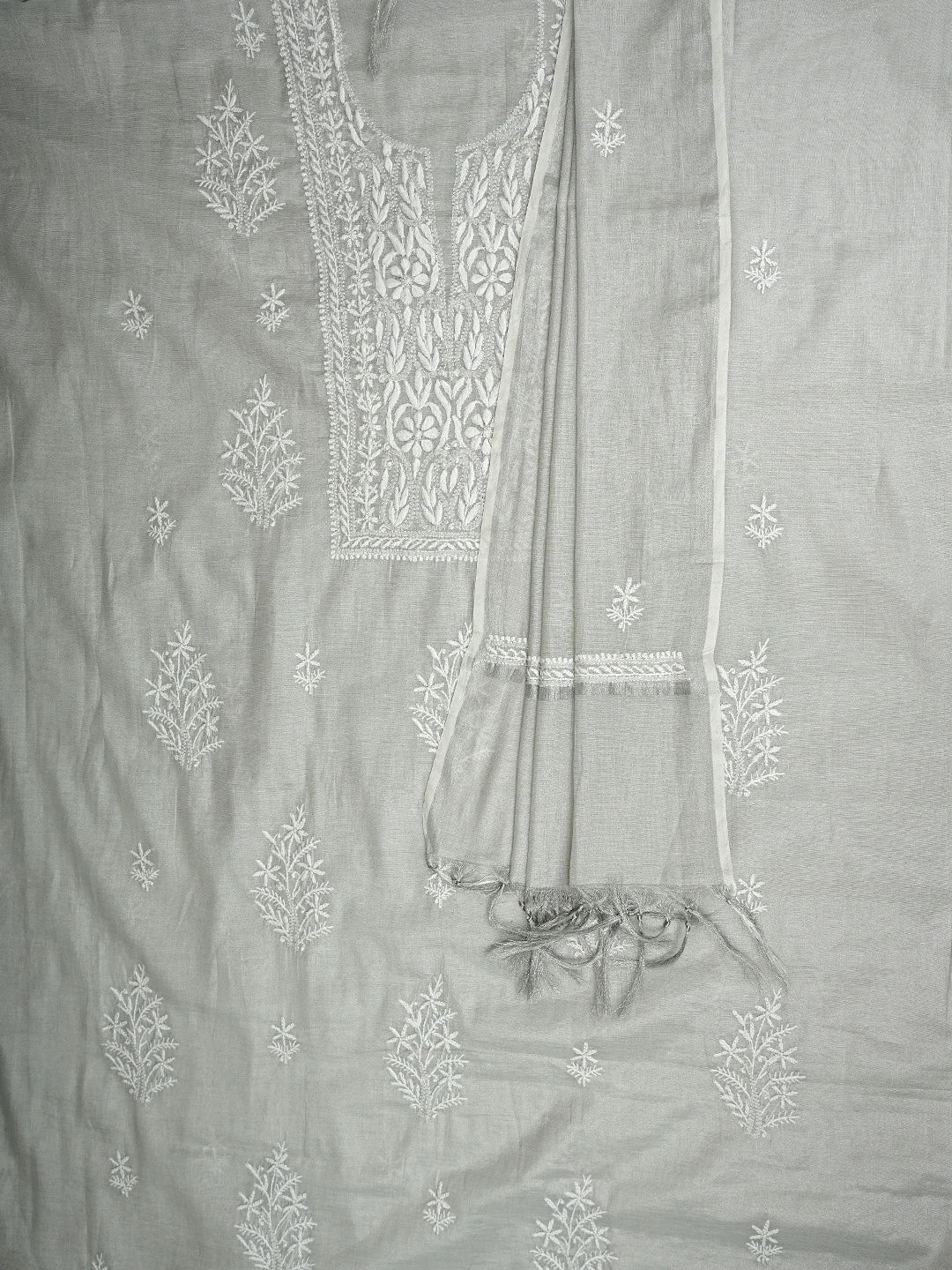 Ada Hand Embroidered Grey Tissue Lucknowi Chikankari Unstitched Kurta Dupatta Set 01A901640