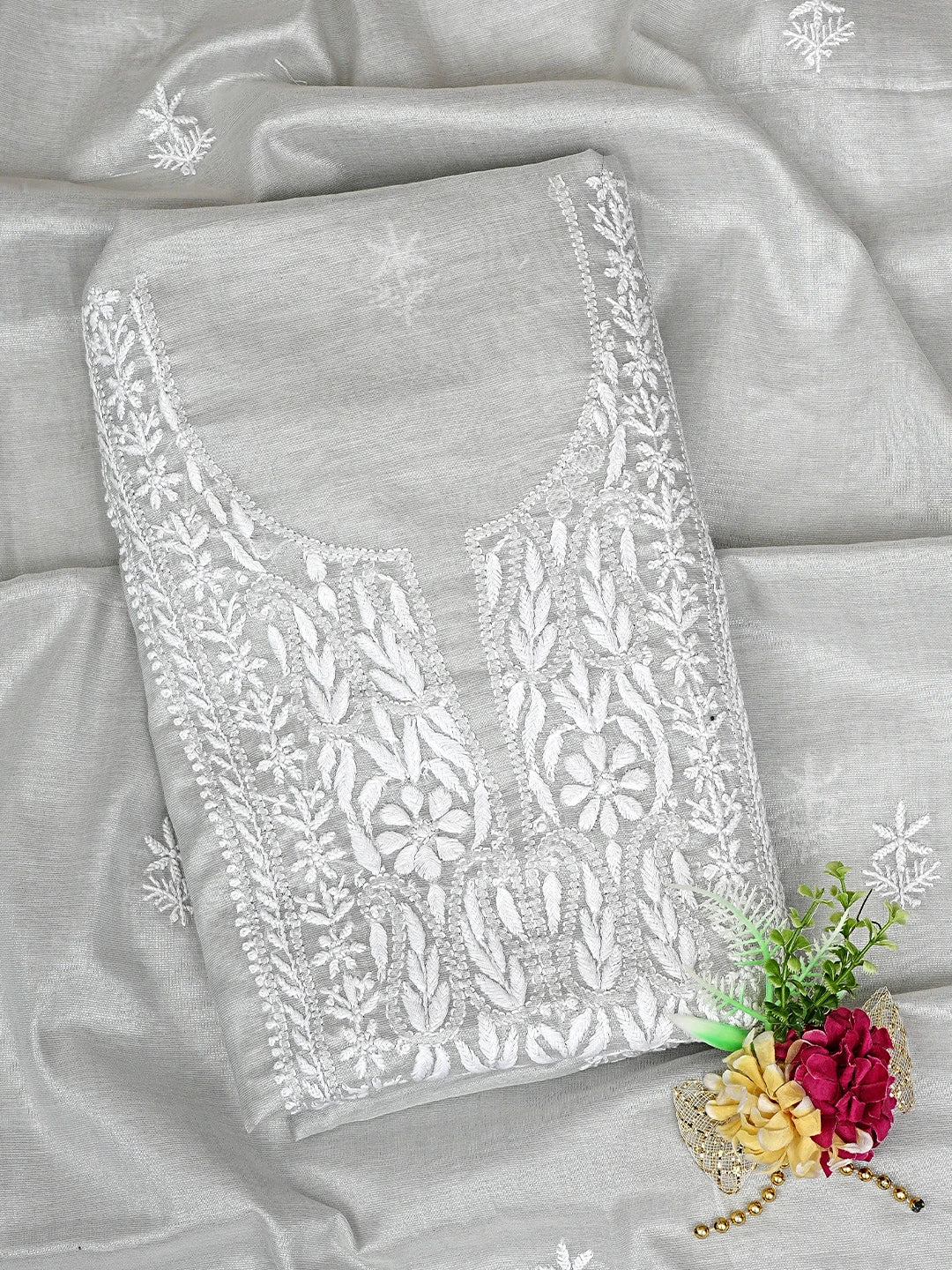 Ada Hand Embroidered Grey Tissue Lucknowi Chikankari Unstitched Kurta Dupatta Set 01A901640