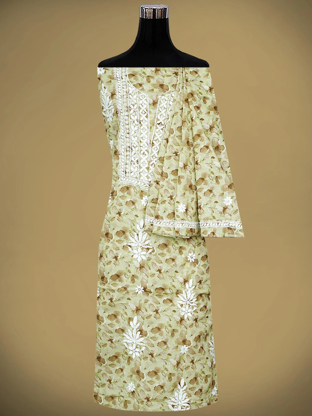 Ada Hand Embroidered Floral Printed Green Cotton Lucknowi Chikankari Unstitched Kurta Dupatta Set 01A898217