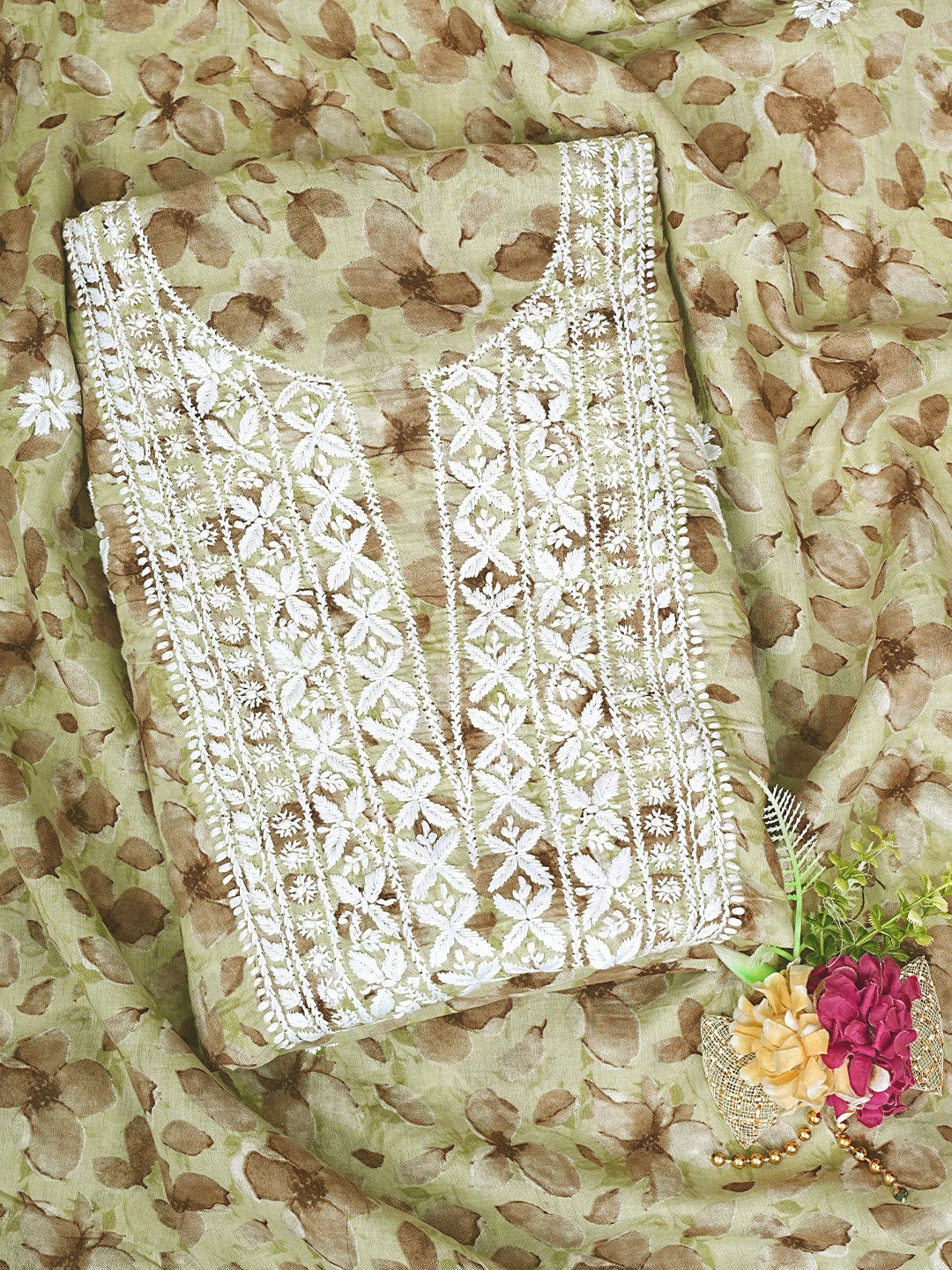 Ada Hand Embroidered Floral Printed Green Cotton Lucknowi Chikankari Unstitched Kurta Dupatta Set 01A898217