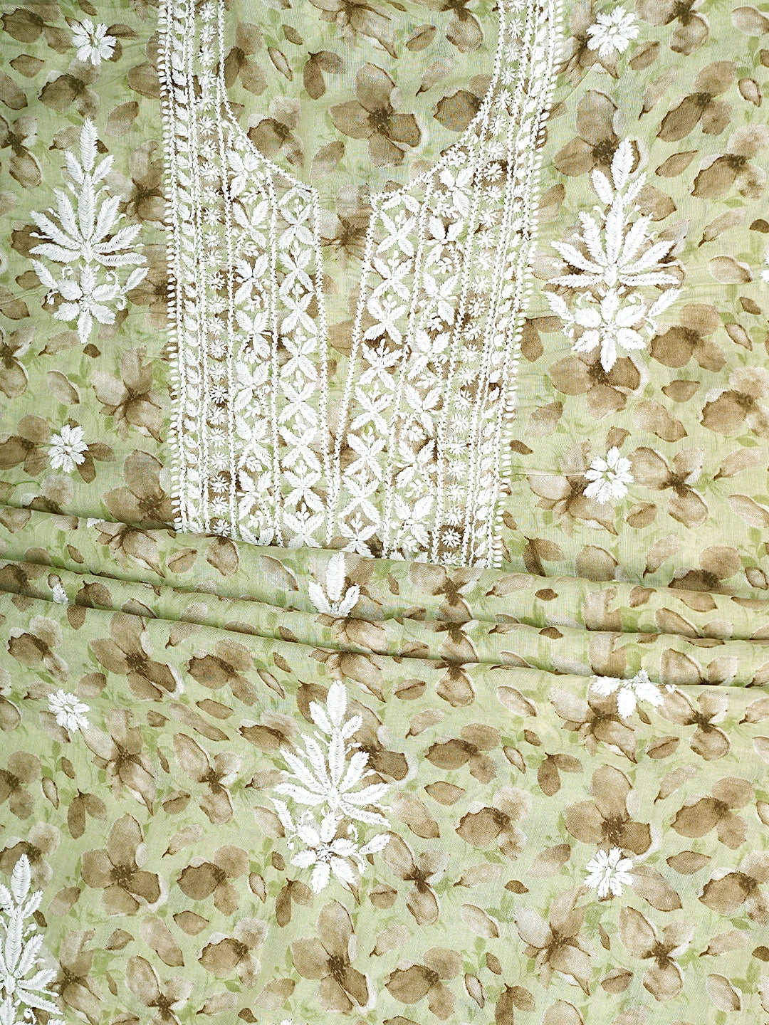 Ada Hand Embroidered Floral Printed Green Cotton Lucknowi Chikankari Unstitched Kurta Dupatta Set 01A898217