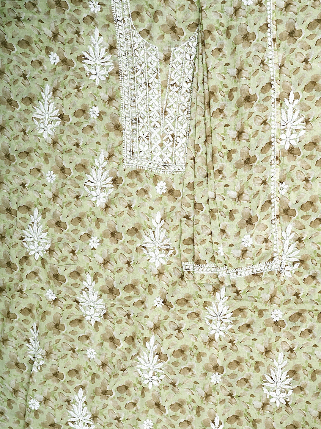 Ada Hand Embroidered Floral Printed Green Cotton Lucknowi Chikankari Unstitched Kurta Dupatta Set 01A898217