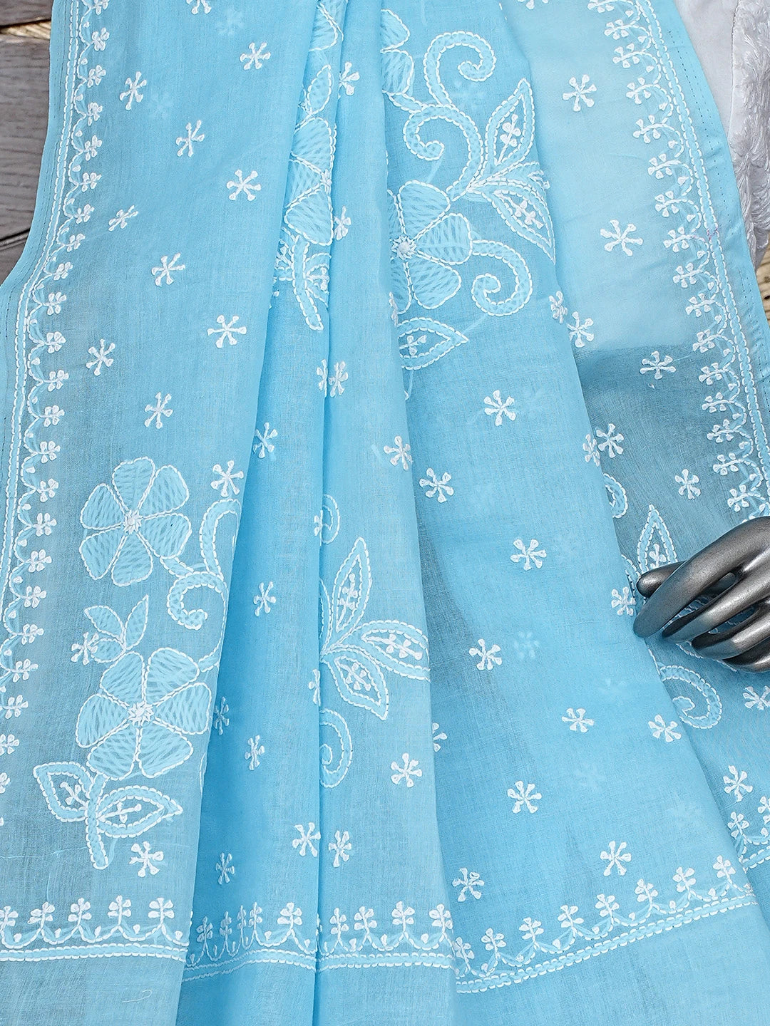 Ada Hand Embroidered Blue Cotton Lucknowi Chikankari Saree and Blouse 01A873421