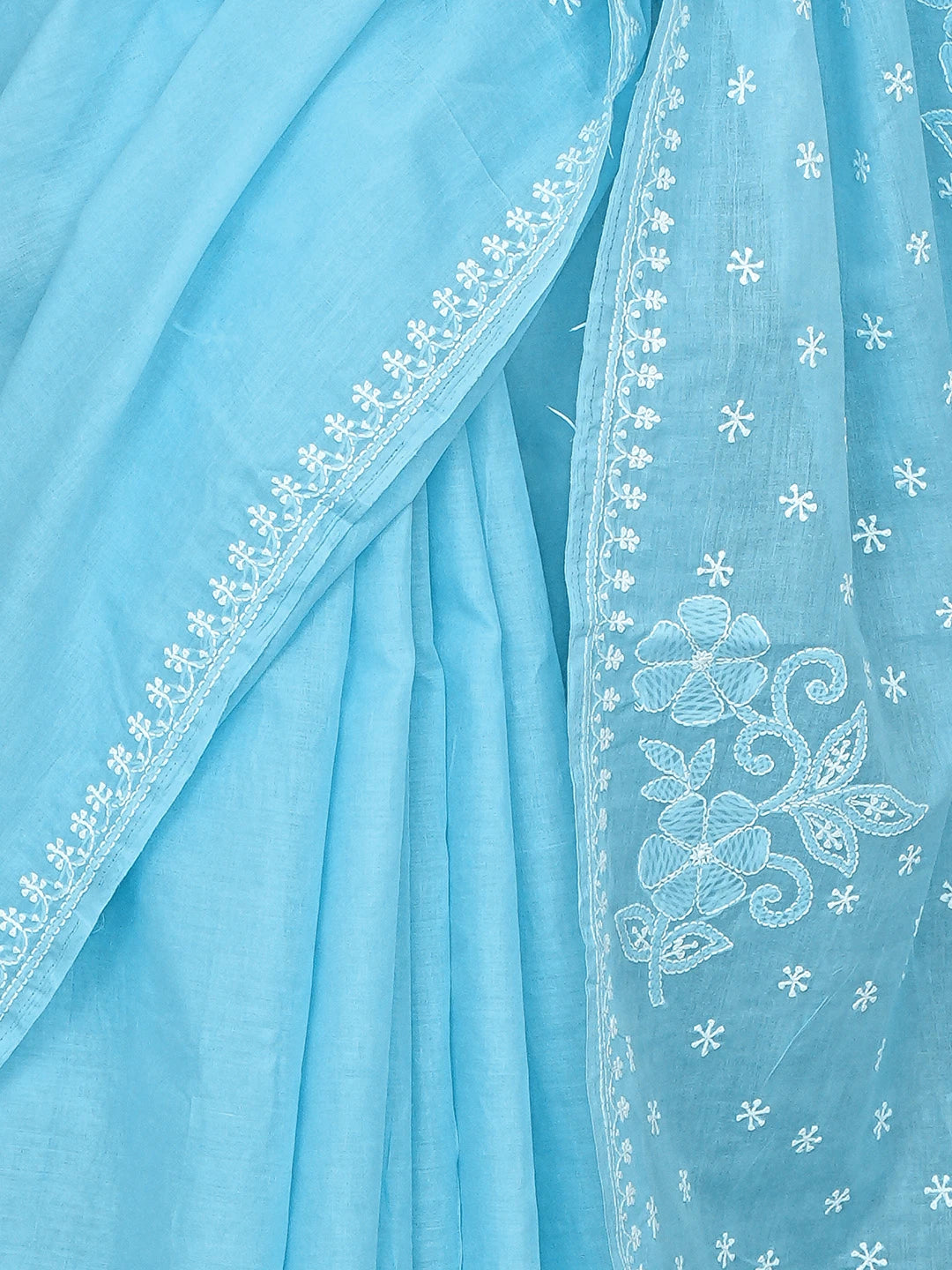 Ada Hand Embroidered Blue Cotton Lucknowi Chikankari Saree and Blouse 01A873421