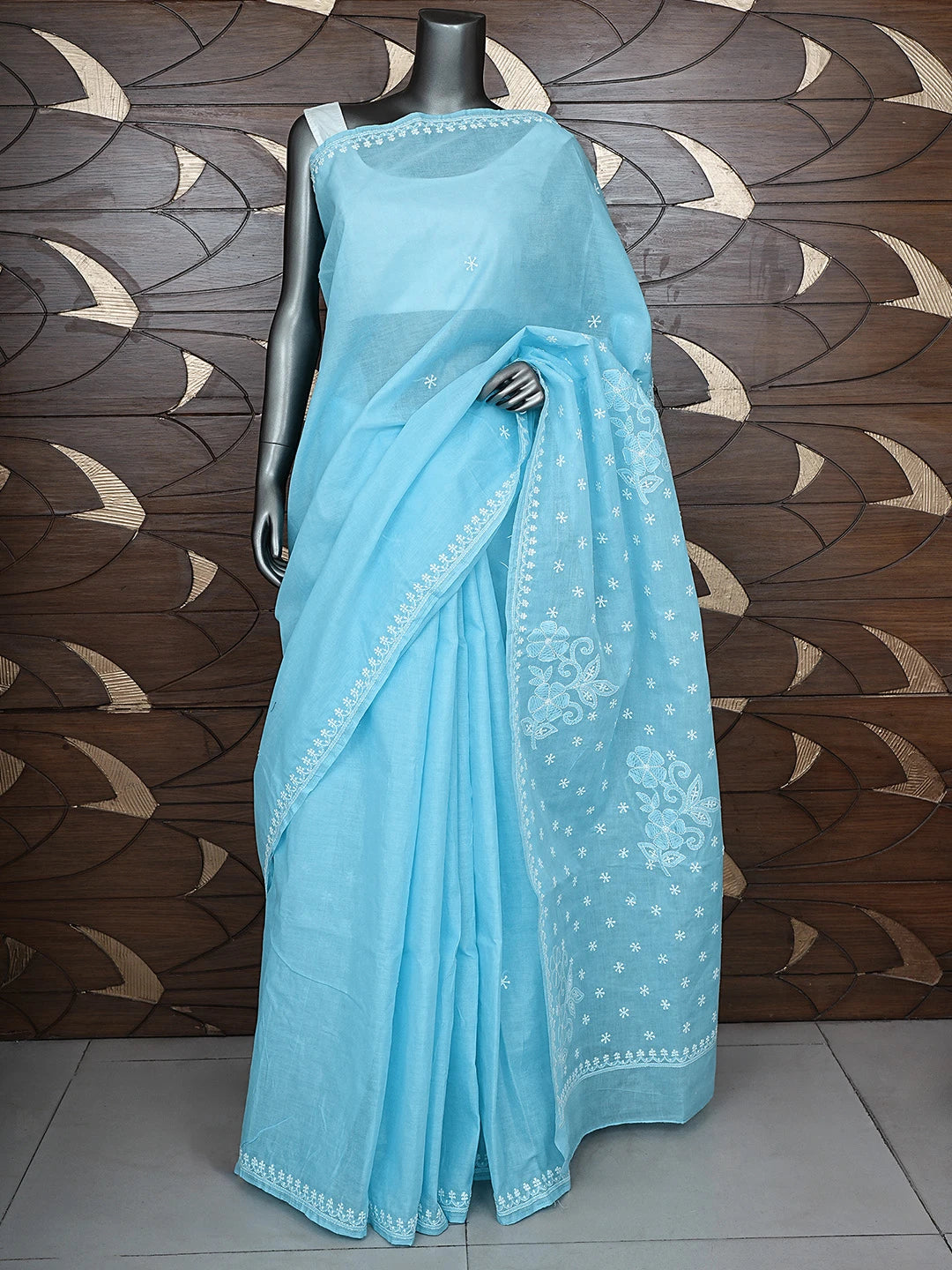 Ada Hand Embroidered Blue Cotton Lucknowi Chikankari Saree and Blouse 01A873421