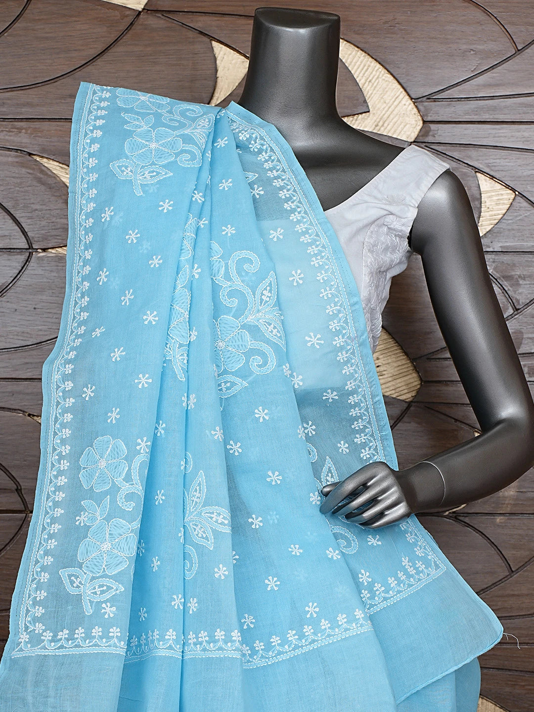 Ada Hand Embroidered Blue Cotton Lucknowi Chikankari Saree and Blouse 01A873421