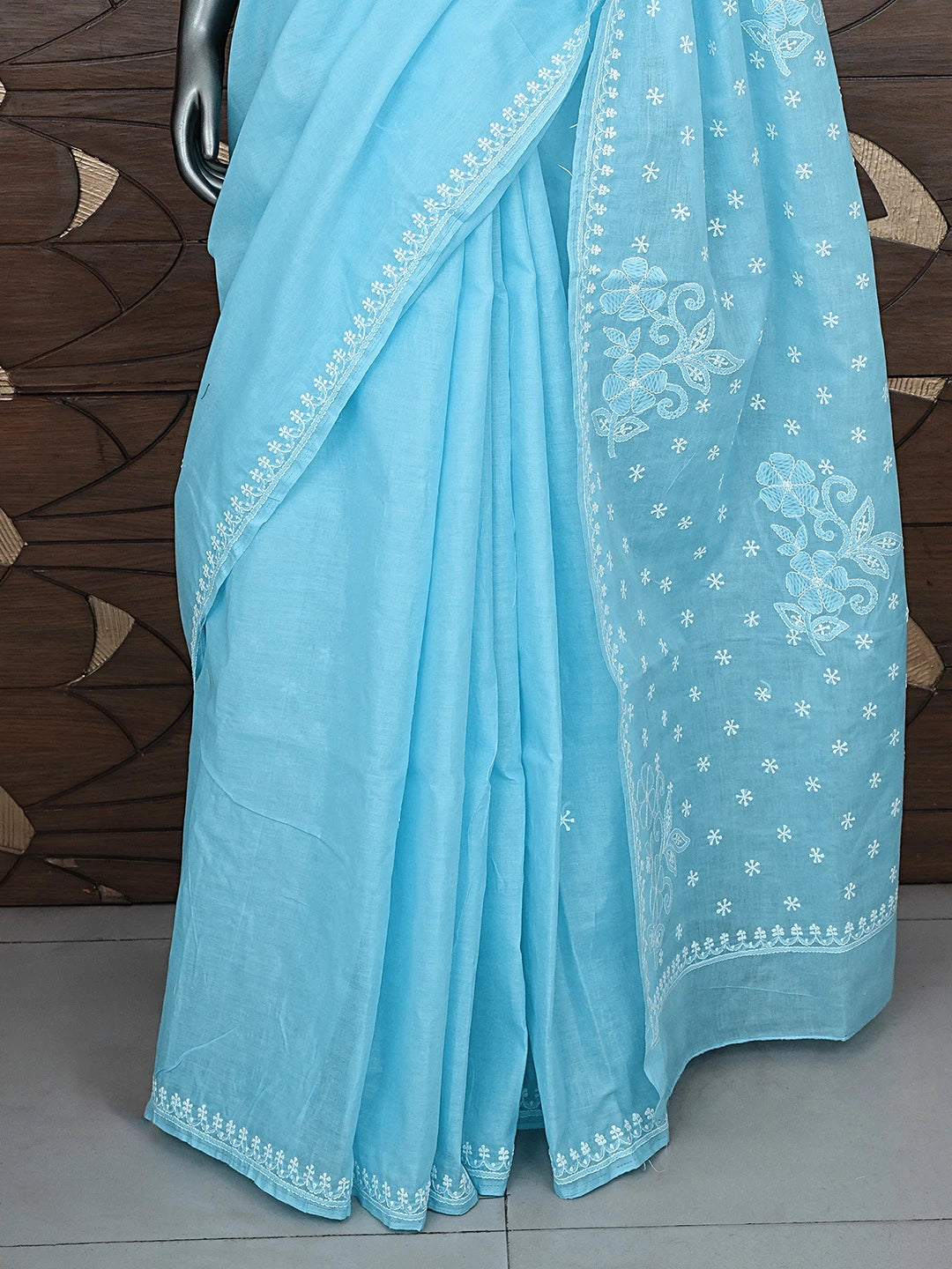 Ada Hand Embroidered Blue Cotton Lucknowi Chikankari Saree and Blouse 01A873421