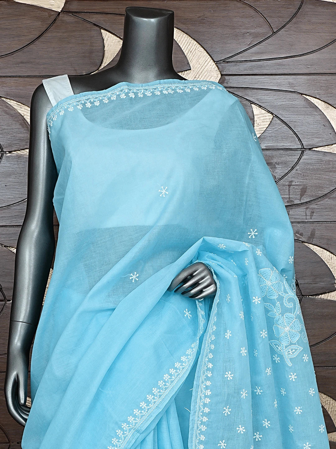 Ada Hand Embroidered Blue Cotton Lucknowi Chikankari Saree and Blouse 01A873421