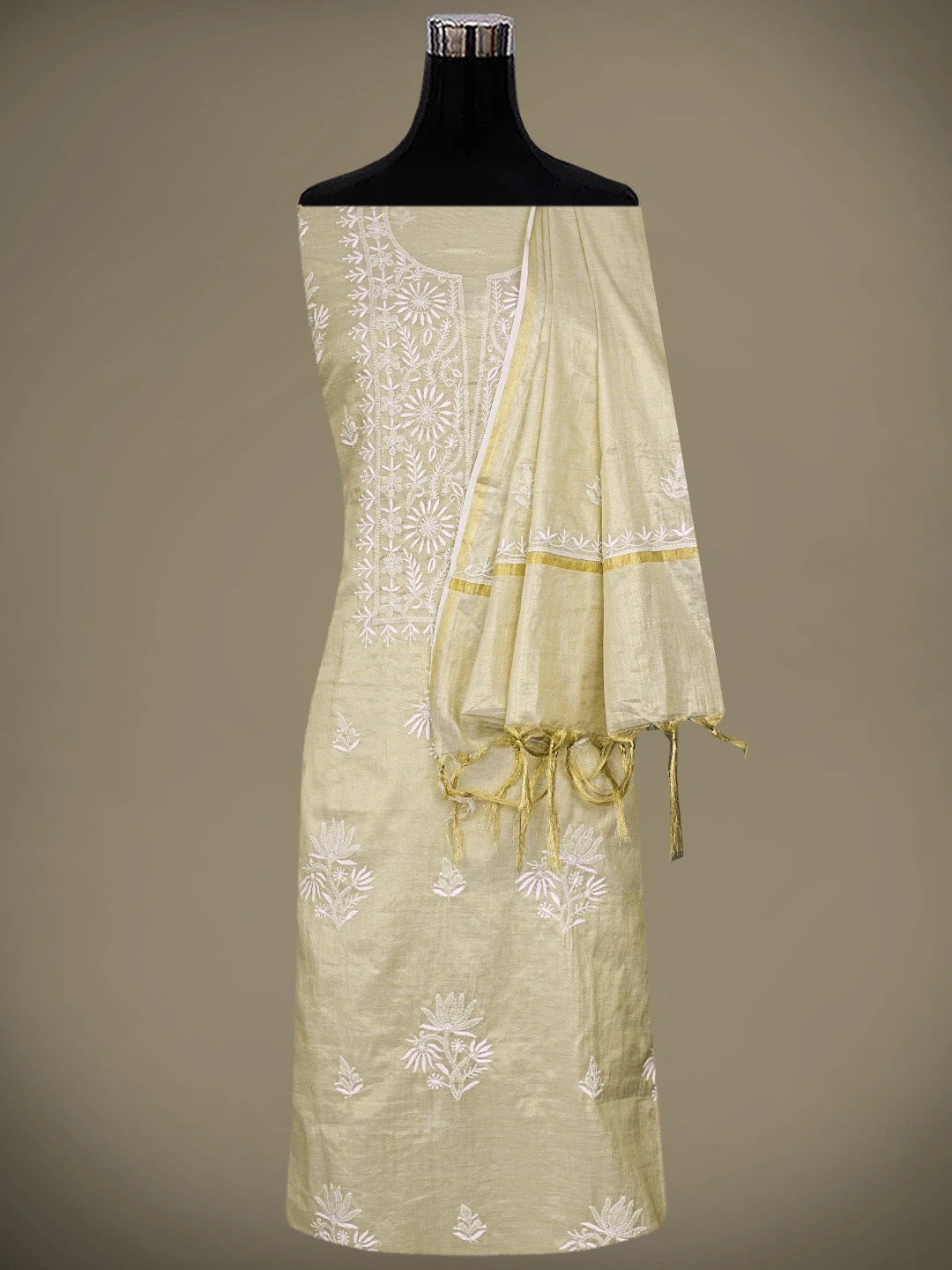Ada Hand Embroidered Fawn Tissue Lucknowi Chikankari Unstitched Kurta Dupatta Set 01A901619