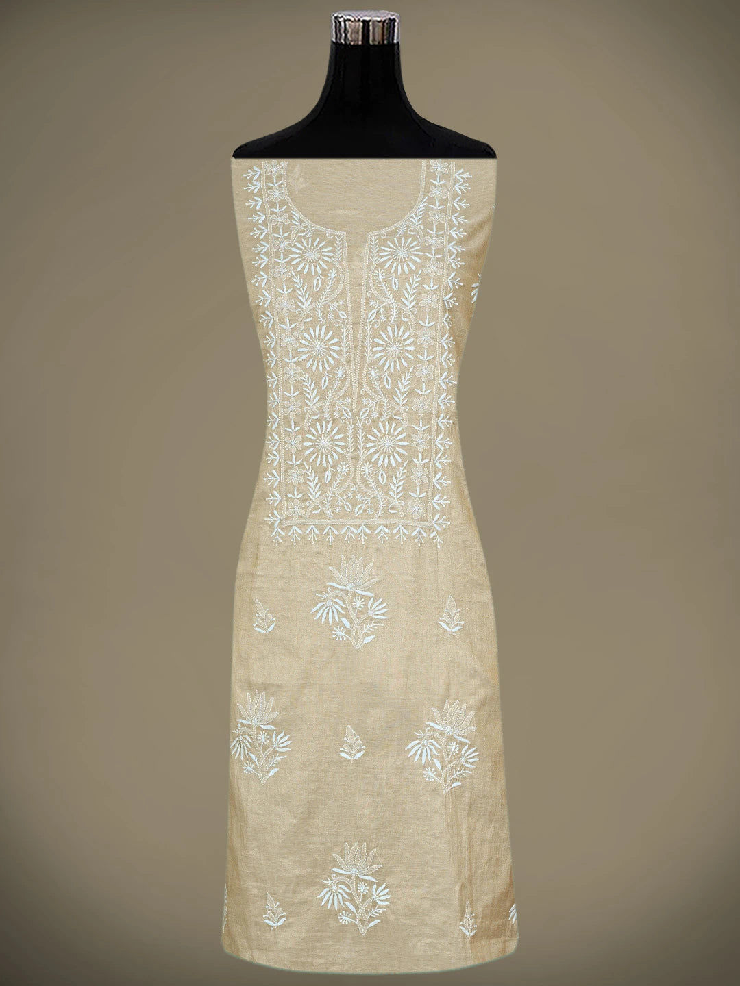 Ada Hand Embroidered Fawn Tissue Lucknowi Chikankari Unstitched Kurta Dupatta Set 01A901619