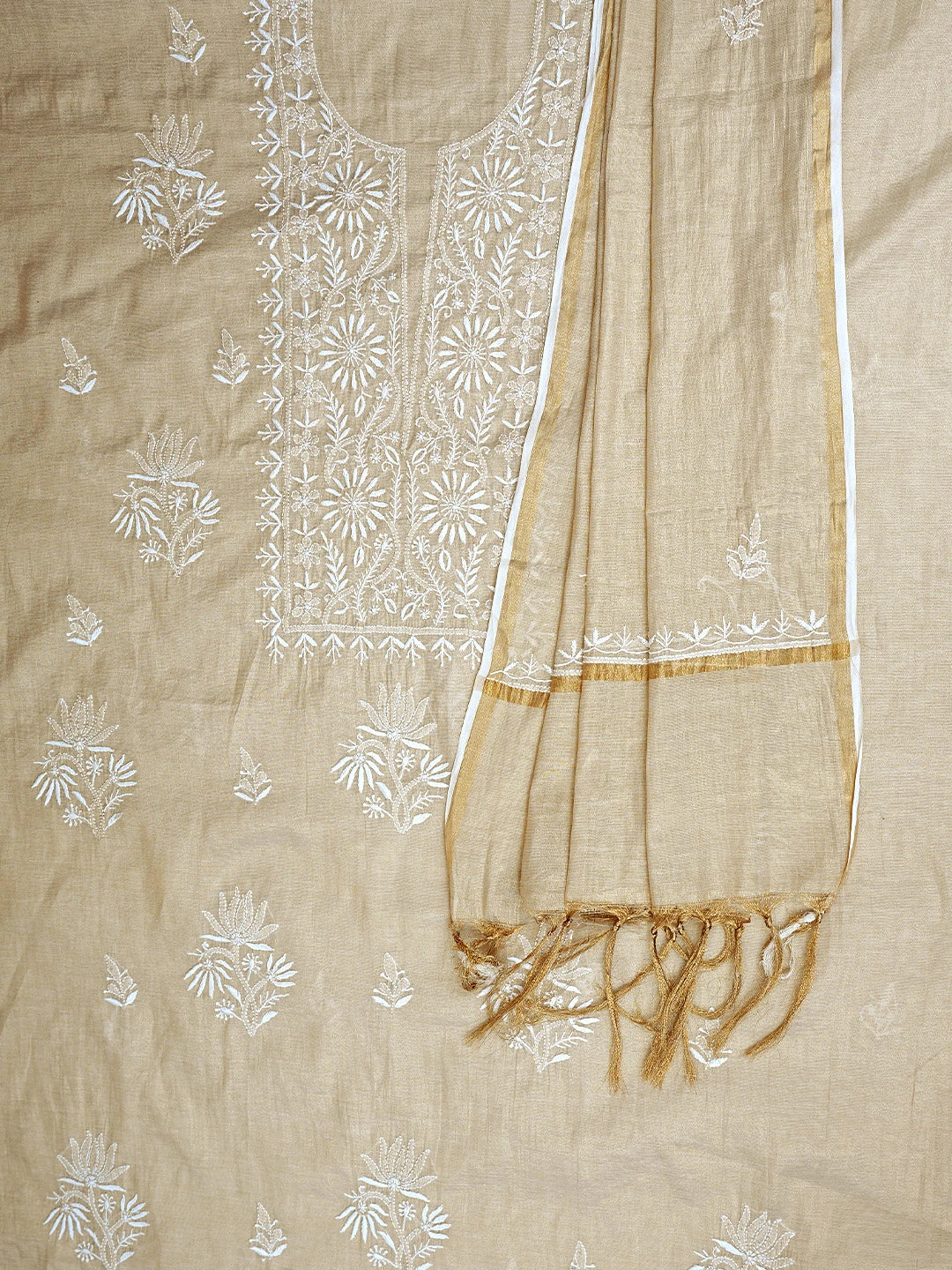 Ada Hand Embroidered Fawn Tissue Lucknowi Chikankari Unstitched Kurta Dupatta Set 01A901619