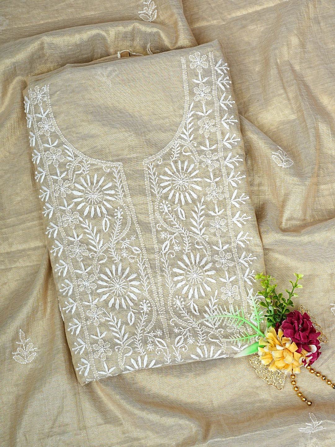 Ada Hand Embroidered Fawn Tissue Lucknowi Chikankari Unstitched Kurta Dupatta Set 01A901619
