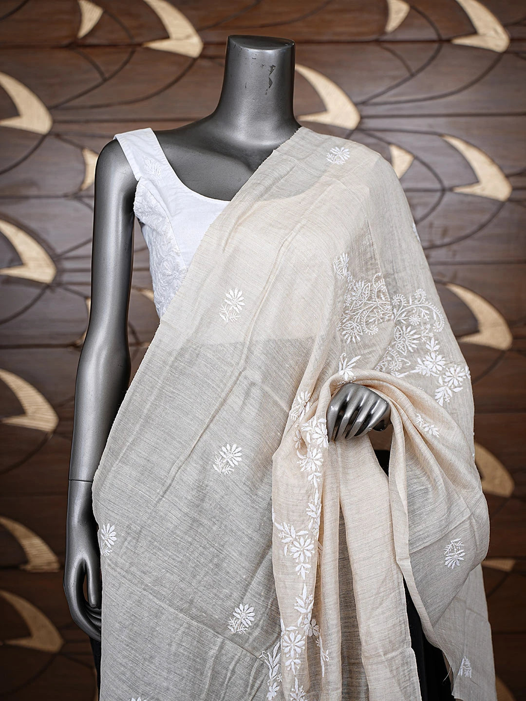 Ada Hand Embroidered Fawn Monga Silk Lucknowi Chikankari Dupatta 01A881942