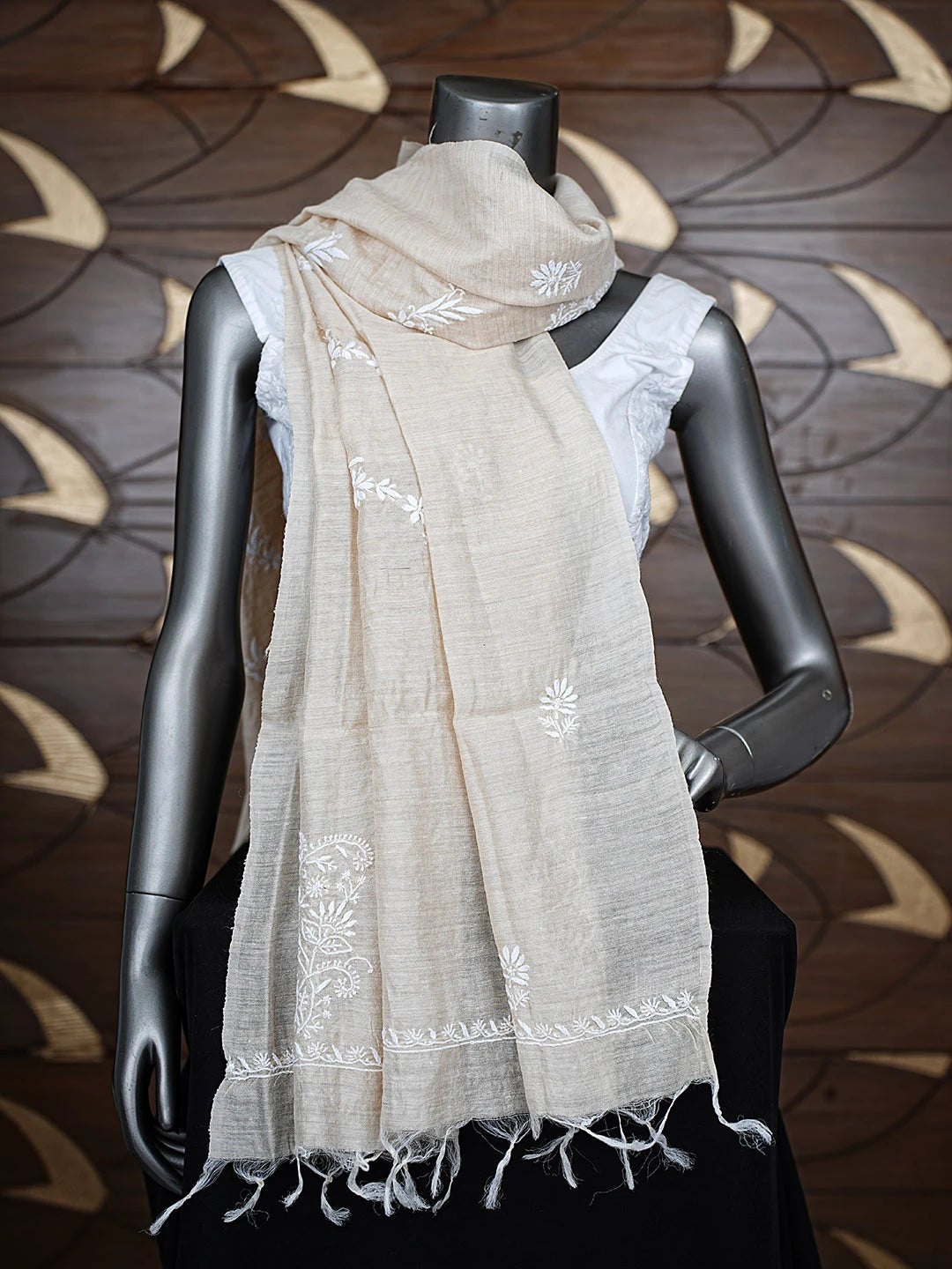 Ada Hand Embroidered Fawn Monga Silk Lucknowi Chikankari Dupatta 01A881942