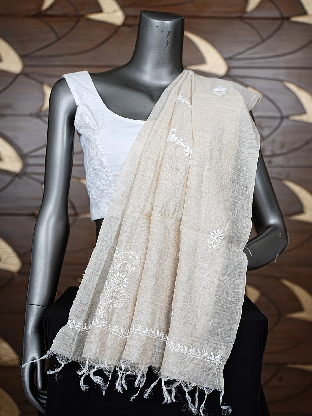 Ada Hand Embroidered Fawn Monga Silk Lucknowi Chikankari Dupatta 01A881942