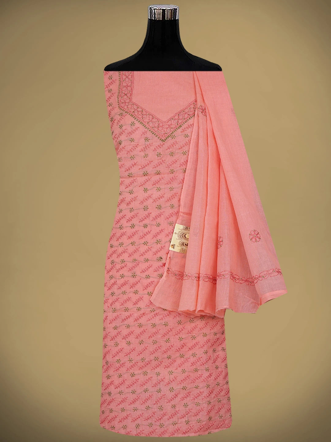 Ada Hand Embroidered Carrot Pink Cotton Lucknowi Chikankari Unstitched Suit Piece 01A893874