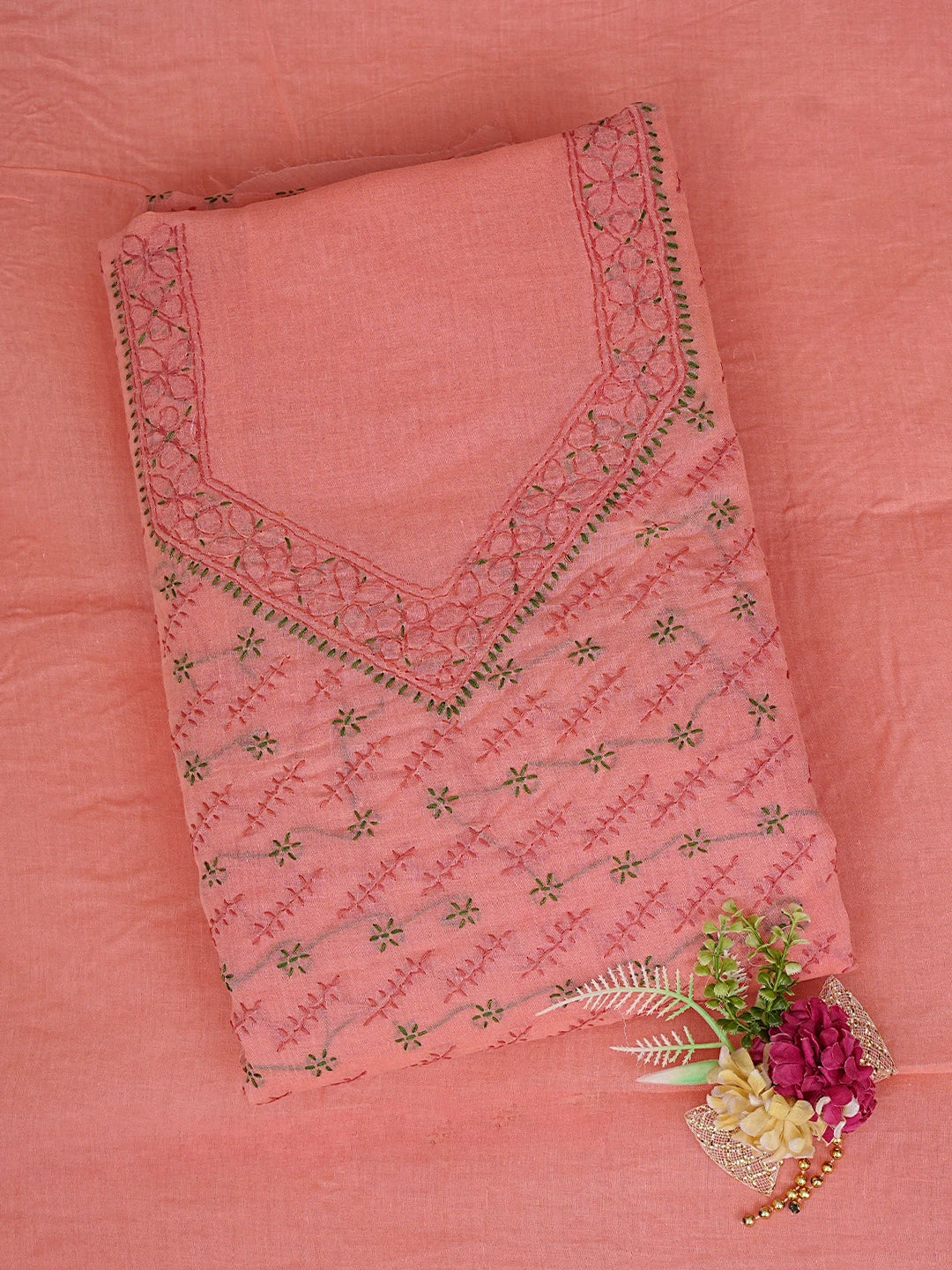 Ada Hand Embroidered Carrot Pink Cotton Lucknowi Chikankari Unstitched Suit Piece 01A893874