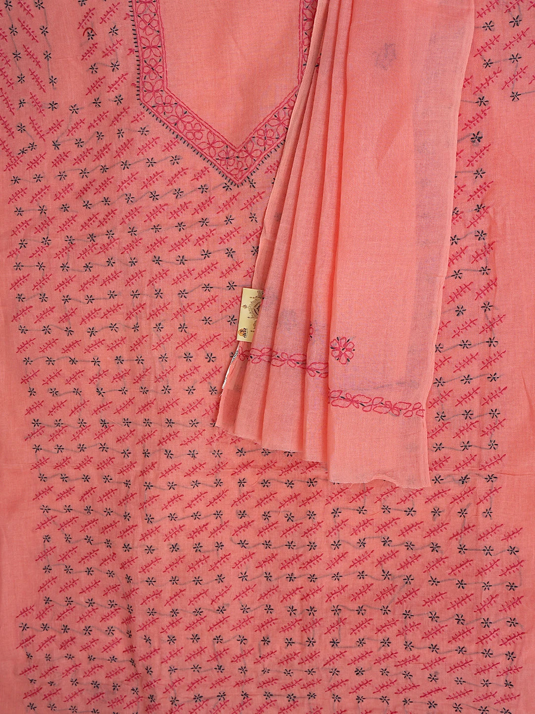 Ada Hand Embroidered Carrot Green Cotton Lucknowi Chikankari Unstitched Suit Piece 01A893876