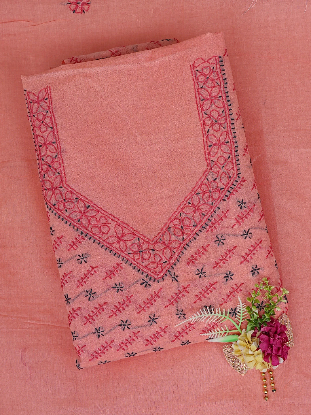 Ada Hand Embroidered Carrot Green Cotton Lucknowi Chikankari Unstitched Suit Piece 01A893876