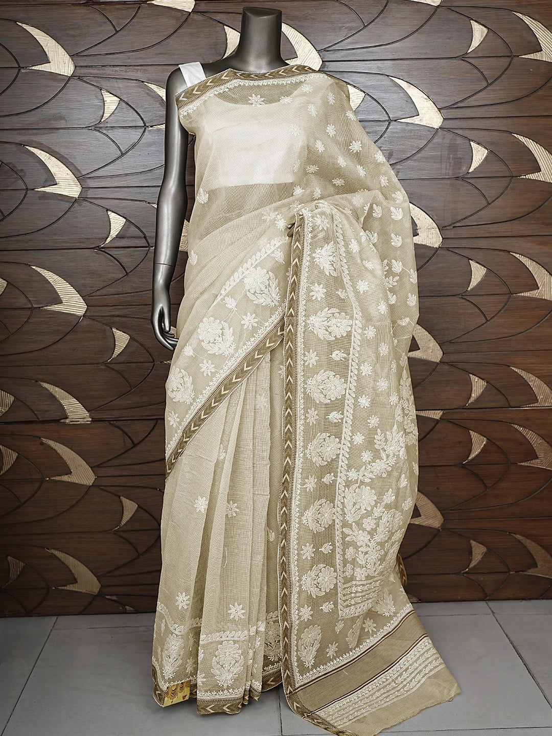 Ada Hand Embroidered Nickel Grey Kota Chanderi Lucknowi Chikankari Saree and Blouse 01A879426