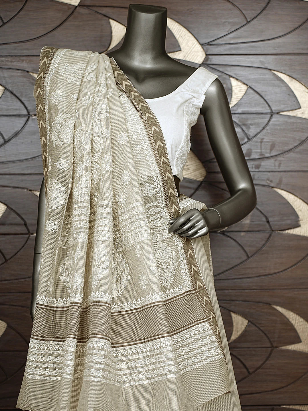 Ada Hand Embroidered Nickel Grey Kota Chanderi Lucknowi Chikankari Saree and Blouse 01A879426