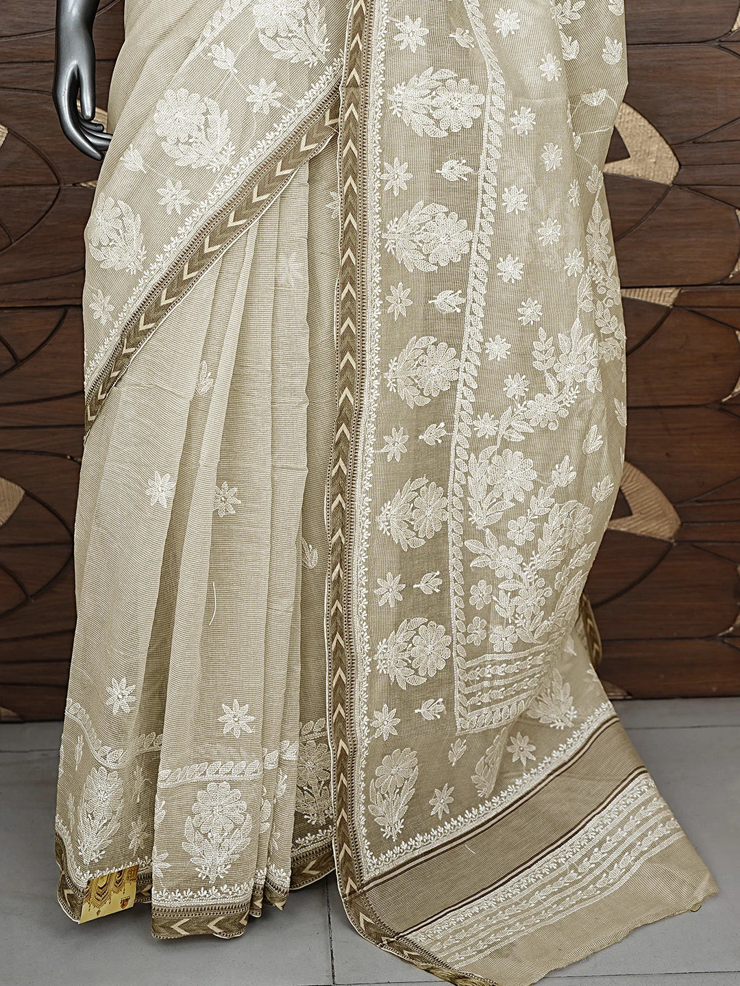 Ada Hand Embroidered Nickel Grey Kota Chanderi Lucknowi Chikankari Saree and Blouse 01A879426