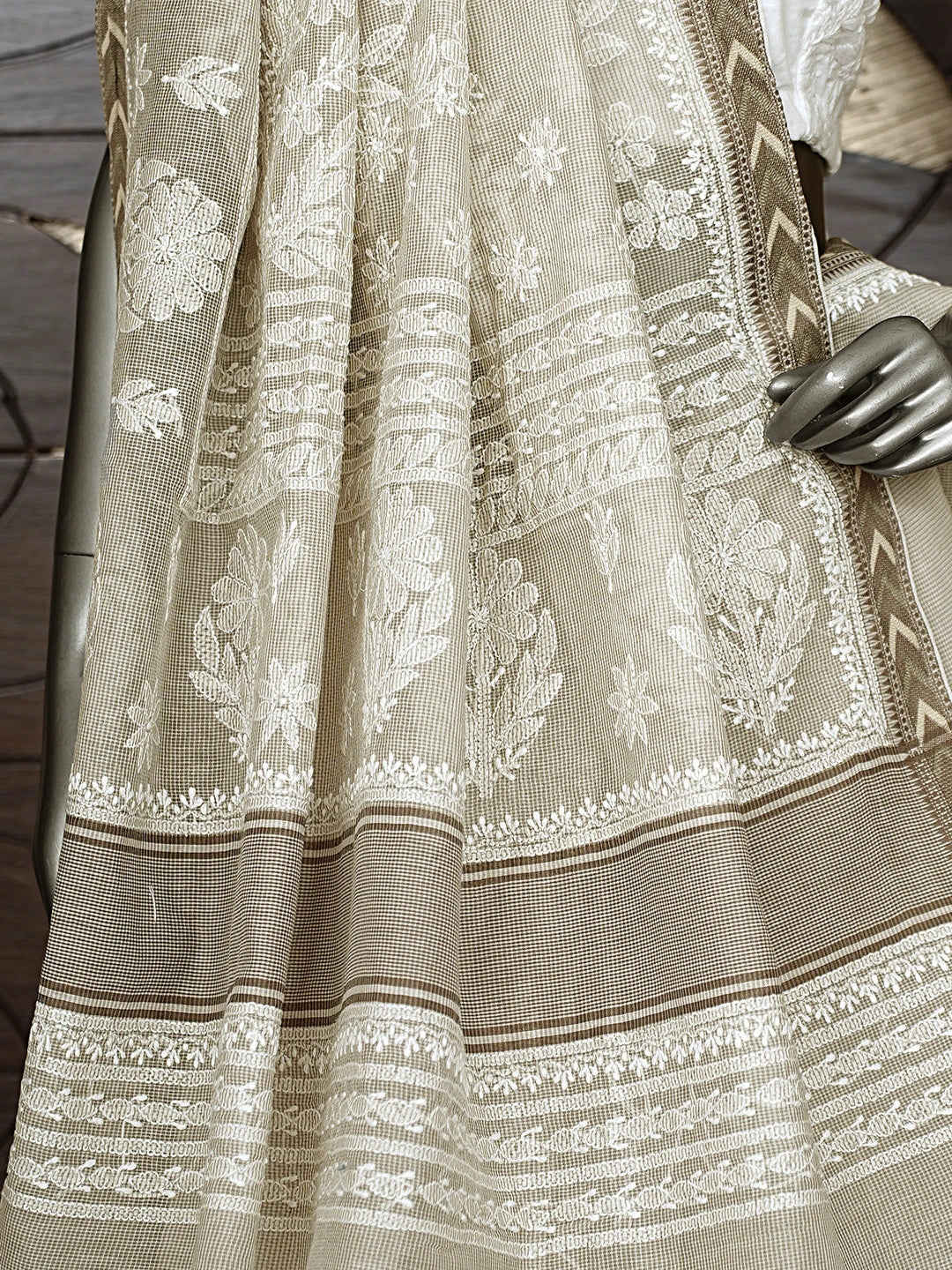 Ada Hand Embroidered Nickel Grey Kota Chanderi Lucknowi Chikankari Saree and Blouse 01A879426