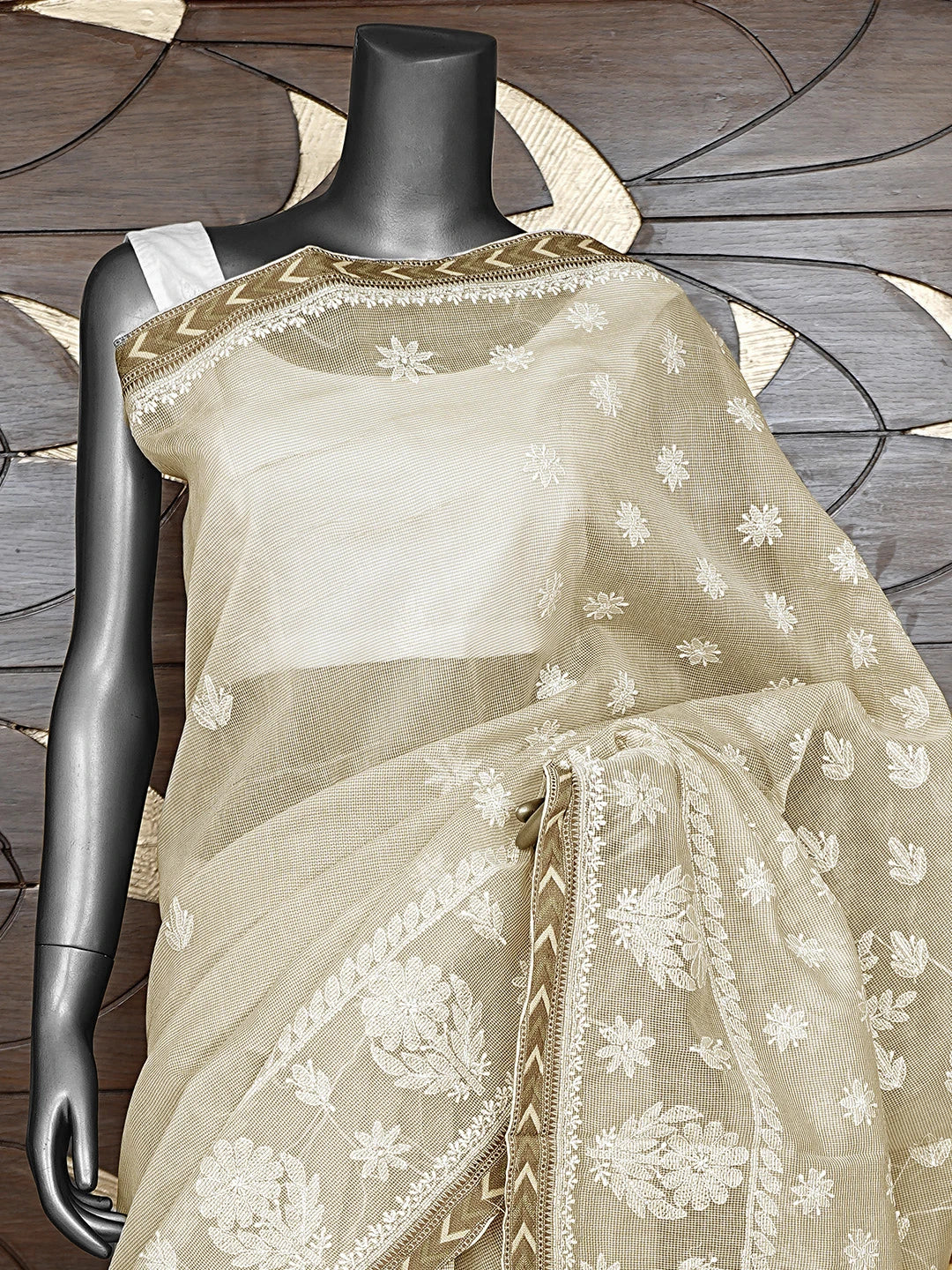 Ada Hand Embroidered Nickel Grey Kota Chanderi Lucknowi Chikankari Saree and Blouse 01A879426