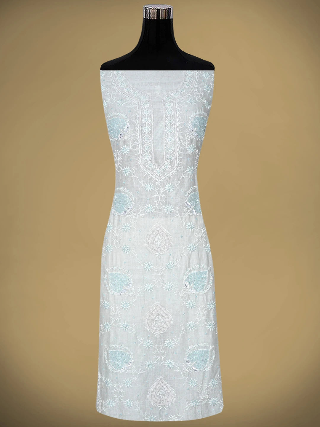Ada Hand Embroidered White Chanderi Lucknowi Chikankari Unstitched Kurta Dupatta Set With Cutdana Work 01A897600