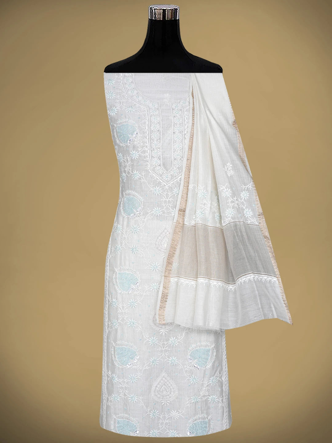 Ada Hand Embroidered White Chanderi Lucknowi Chikankari Unstitched Kurta Dupatta Set With Cutdana Work 01A897600
