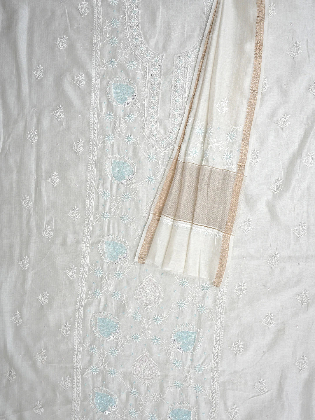 Ada Hand Embroidered White Chanderi Lucknowi Chikankari Unstitched Kurta Dupatta Set With Cutdana Work 01A897600