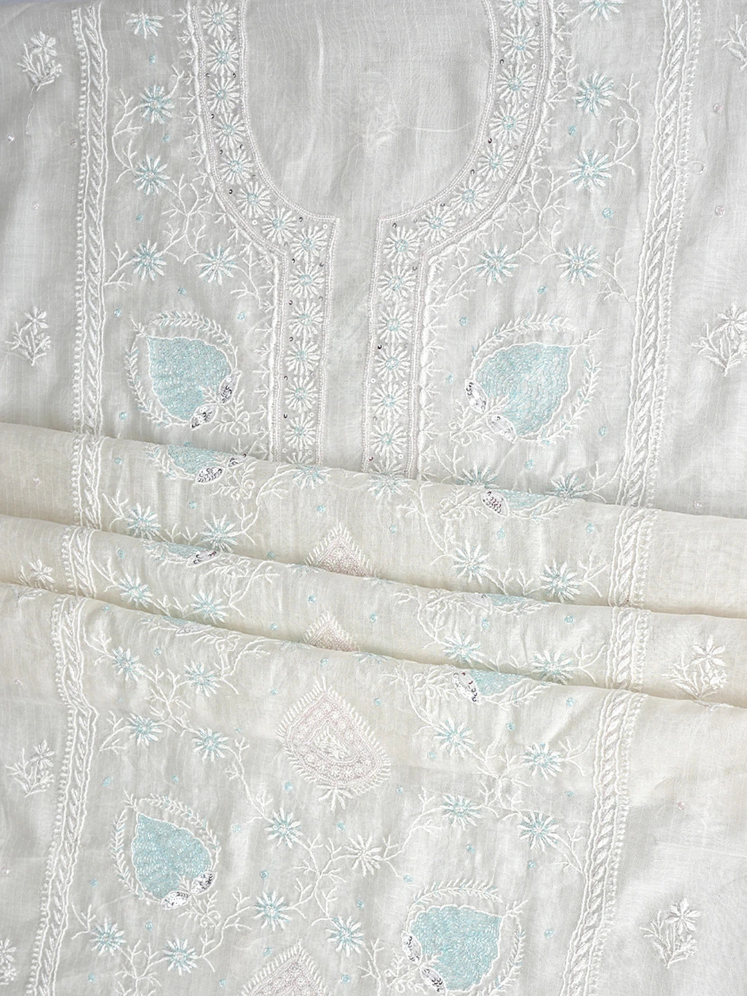 Ada Hand Embroidered White Chanderi Lucknowi Chikankari Unstitched Kurta Dupatta Set With Cutdana Work 01A897600