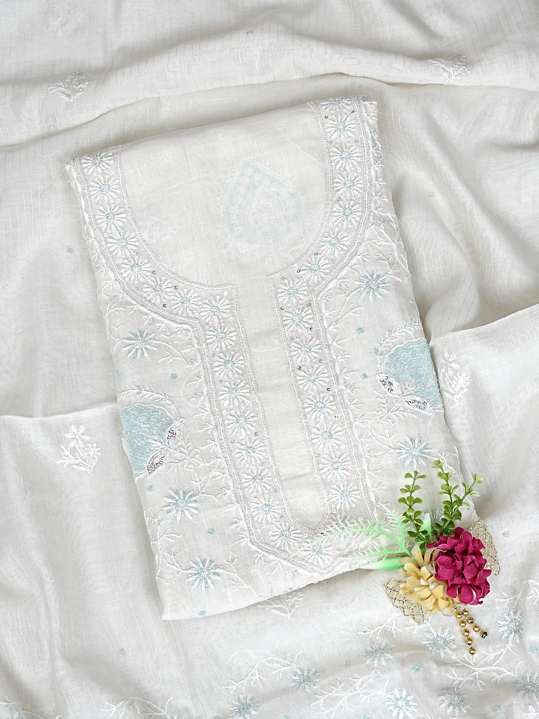 Ada Hand Embroidered White Chanderi Lucknowi Chikankari Unstitched Kurta Dupatta Set With Cutdana Work 01A897600