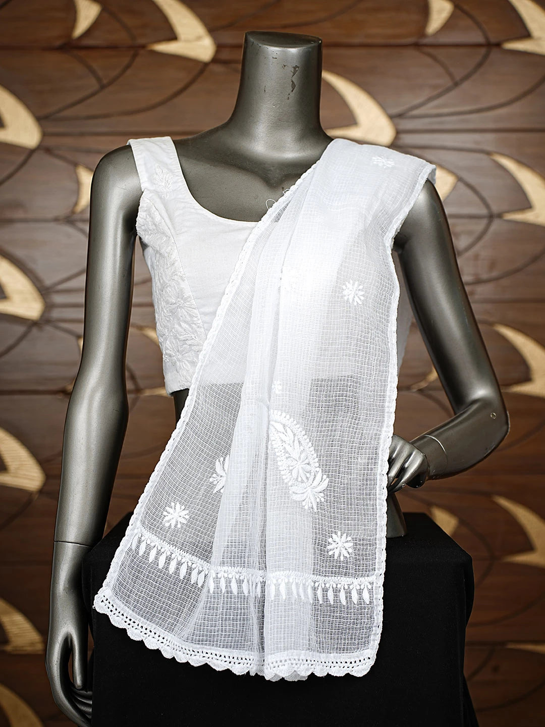 Ada Hand Embroidered White Kota Lucknowi Chikankari Dupatta 01A880116