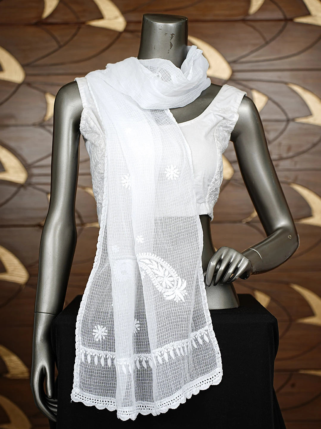 Ada Hand Embroidered White Kota Lucknowi Chikankari Dupatta 01A880116