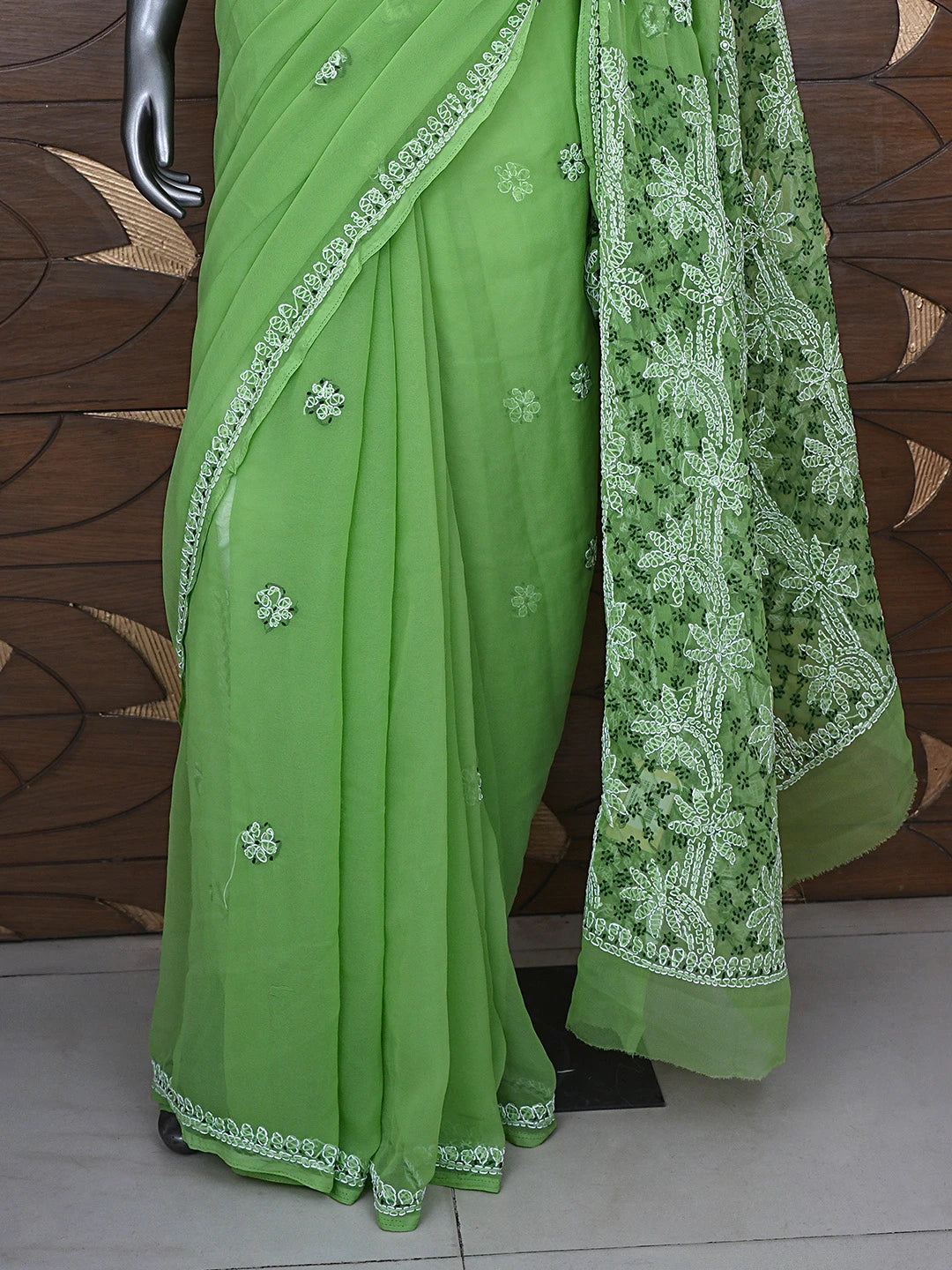 Ada Hand Embroidered Mehendi Green Georgette Lucknowi Chikankari Saree With Blouse 01A892016