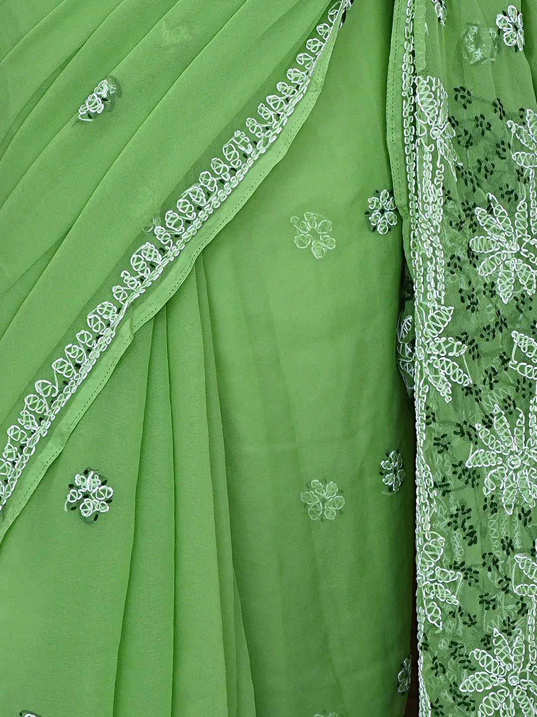 Ada Hand Embroidered Mehendi Green Georgette Lucknowi Chikankari Saree With Blouse 01A892016