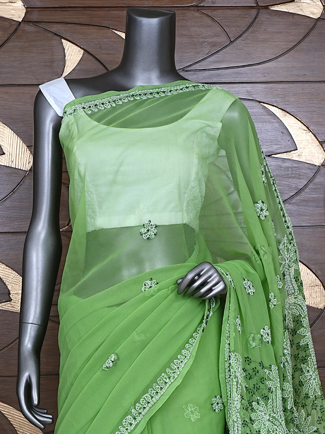 Ada Hand Embroidered Mehendi Green Georgette Lucknowi Chikankari Saree With Blouse 01A892016