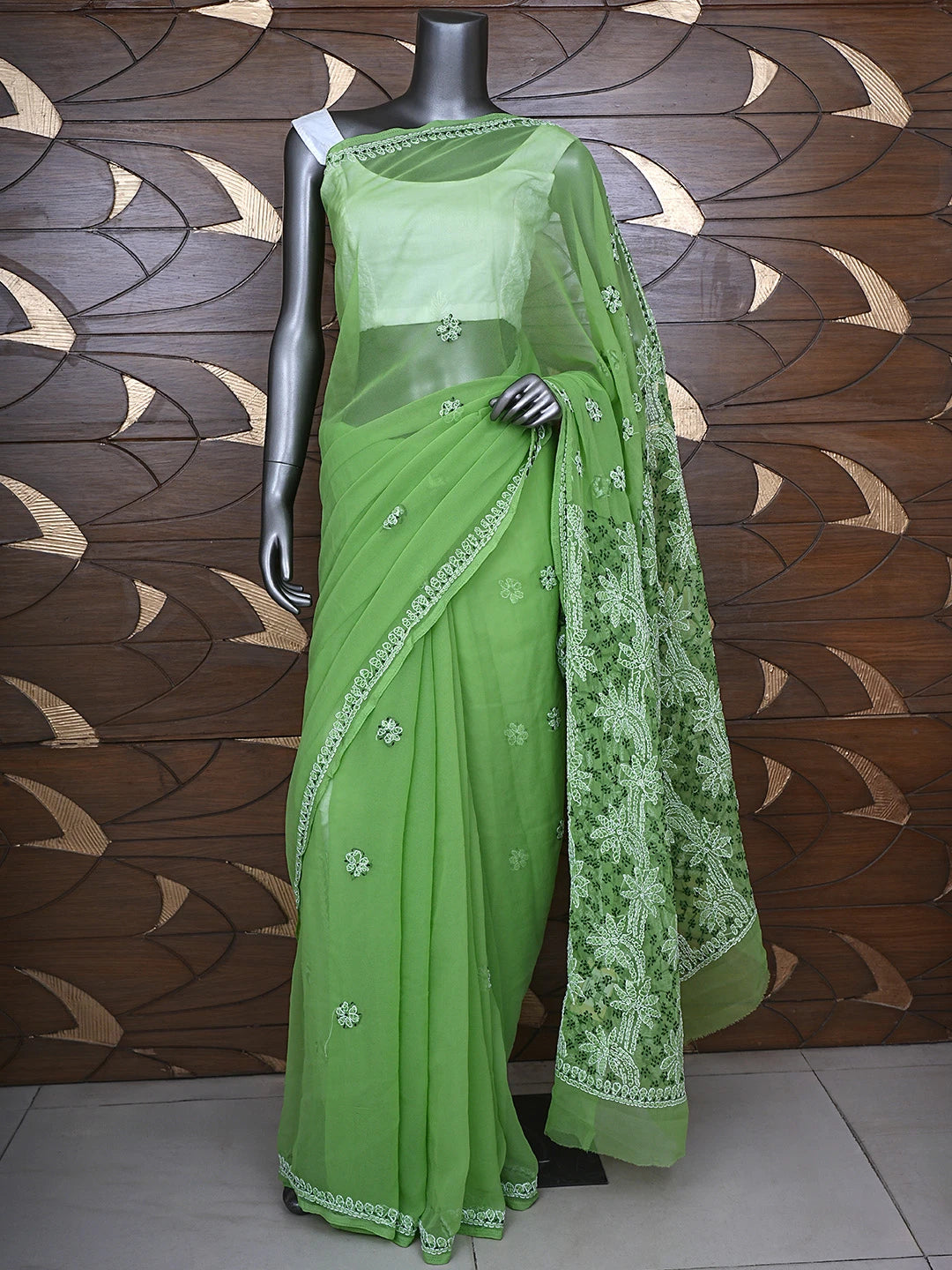 Ada Hand Embroidered Mehendi Green Georgette Lucknowi Chikankari Saree With Blouse 01A892016